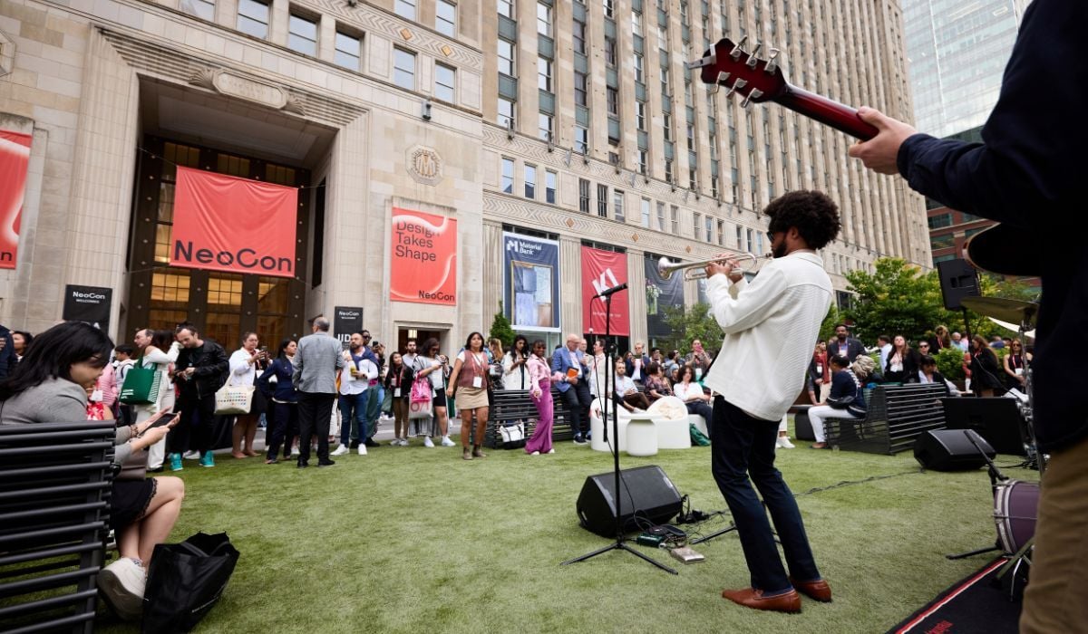 Outdoor space with live band playing at NeoCon